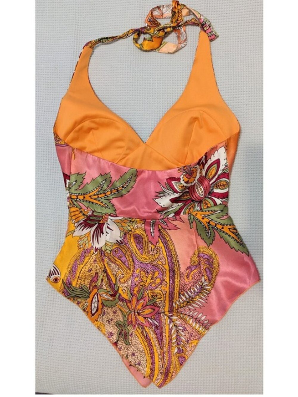 Cache Vintage Silk Halter Top Pink Orange floral beaded medallion Tropical glam - Picture 3 of 8